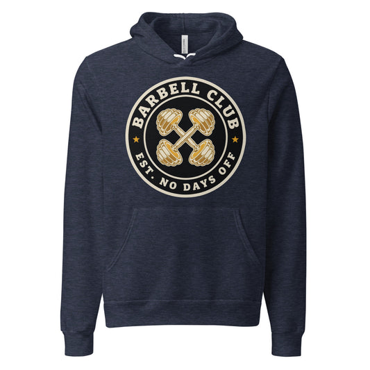 Barbell Club No Days Off vintage gym hoodie — Heather Navy, front