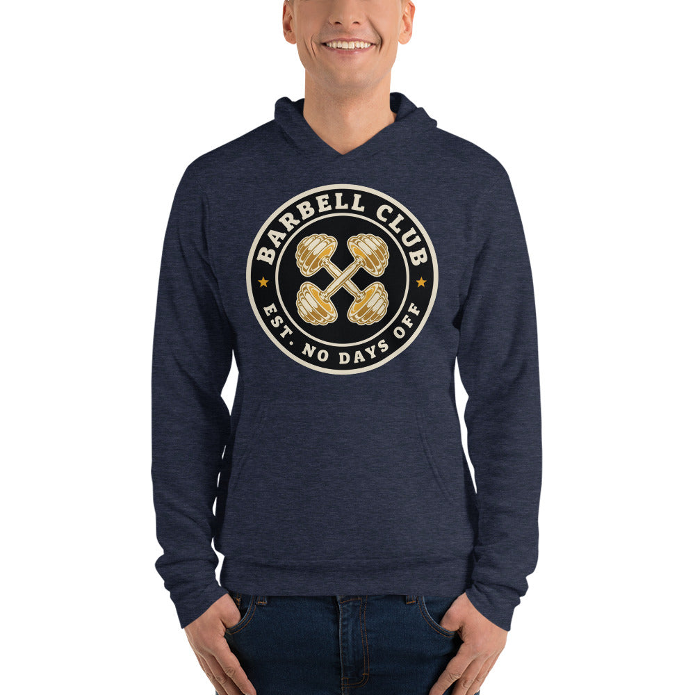 Barbell Club No Days Off vintage gym hoodie — Heather Navy, on model