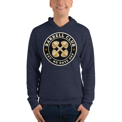 Barbell Club No Days Off vintage gym hoodie — Heather Navy, on model