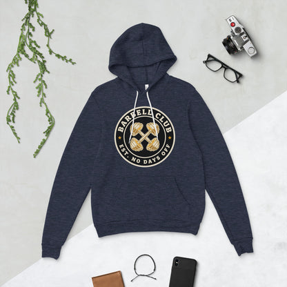 Barbell Club No Days Off vintage gym hoodie — Heather Navy, flat lay
