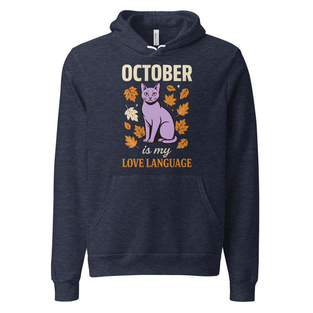 October Is My Love Language retro Halloween black cat hoodie — Heather Navy, front