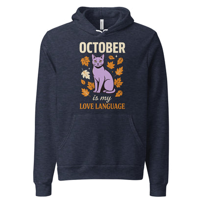 October Is My Love Language retro Halloween black cat hoodie — Heather Navy, front