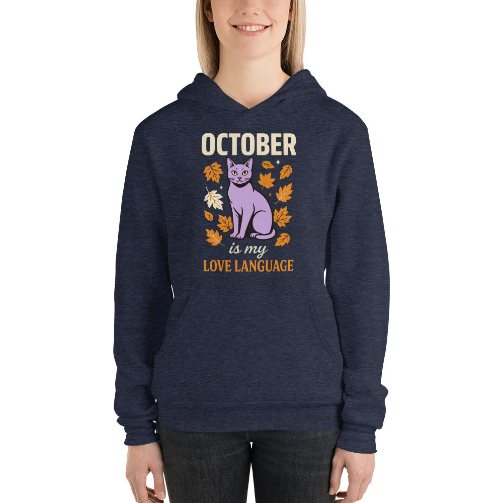 October Is My Love Language retro Halloween black cat hoodie — Heather Navy, on model
