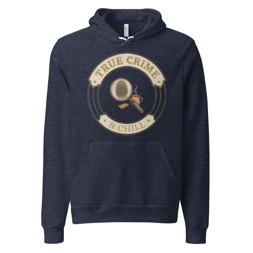 True Crime and Chill vintage case-file badge hoodie — Heather Navy, front