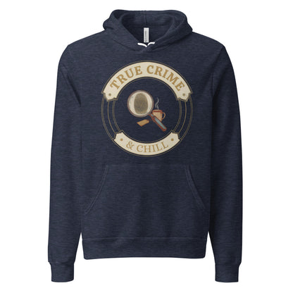 True Crime and Chill vintage case-file badge hoodie — Heather Navy, front