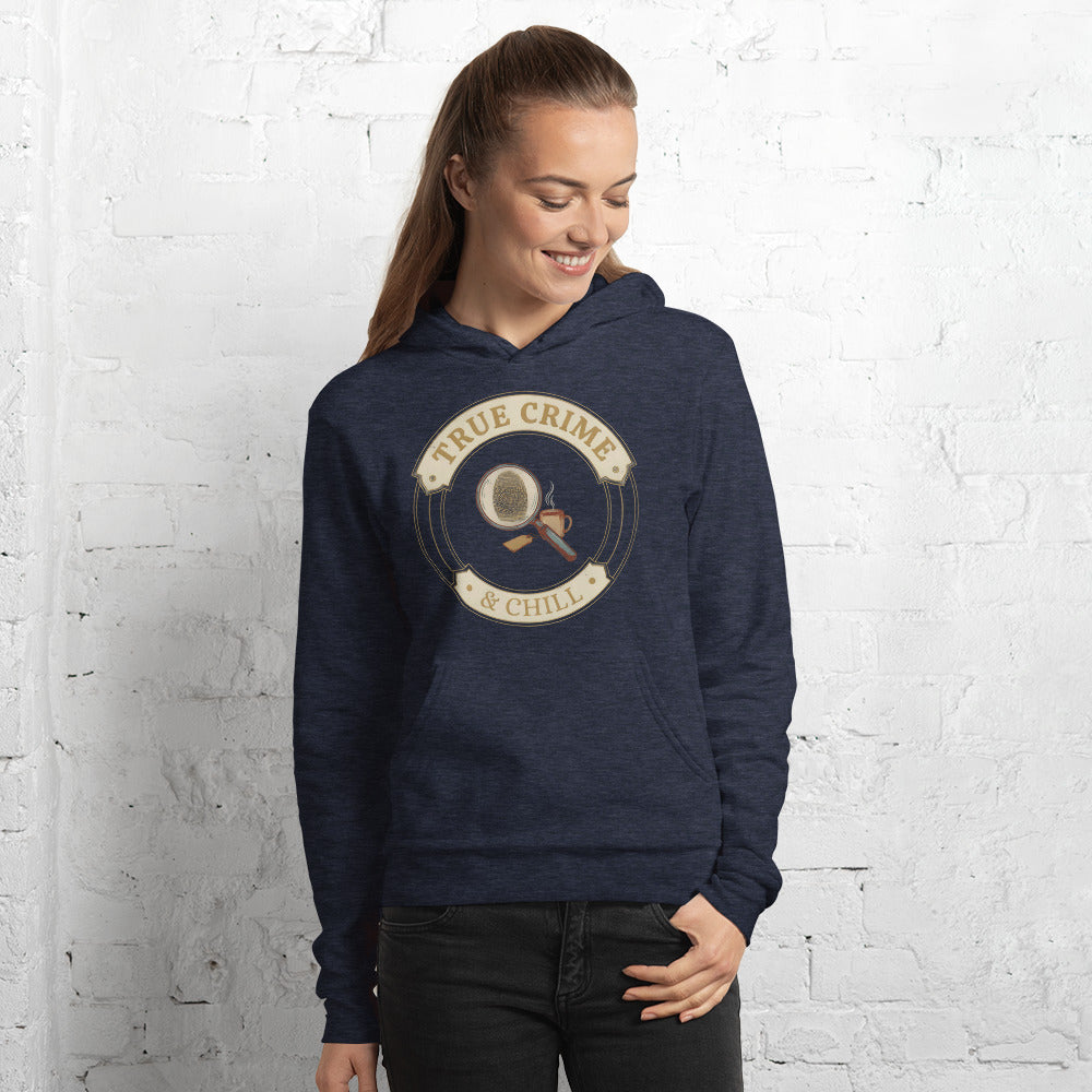 True Crime and Chill vintage case-file badge hoodie — Heather Navy, on model