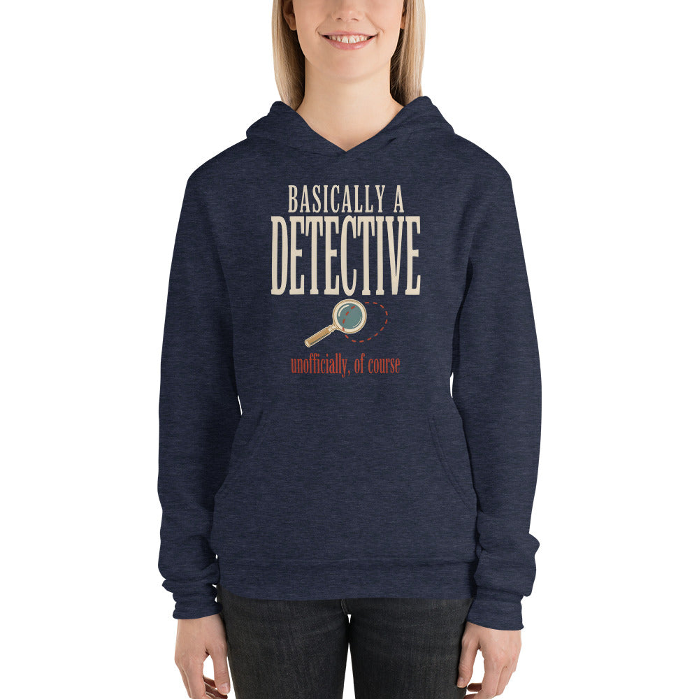 Basically a Detective vintage true crime hoodie — Heather Navy, on model
