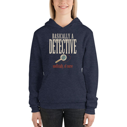 Basically a Detective vintage true crime hoodie — Heather Navy, on model