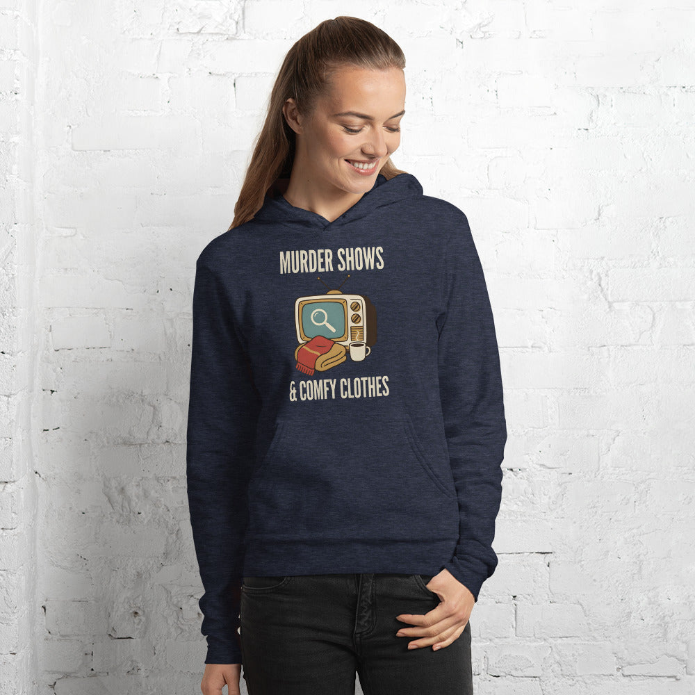 Murder Shows and Comfy Clothes cozy true crime hoodie — Heather Navy, on model