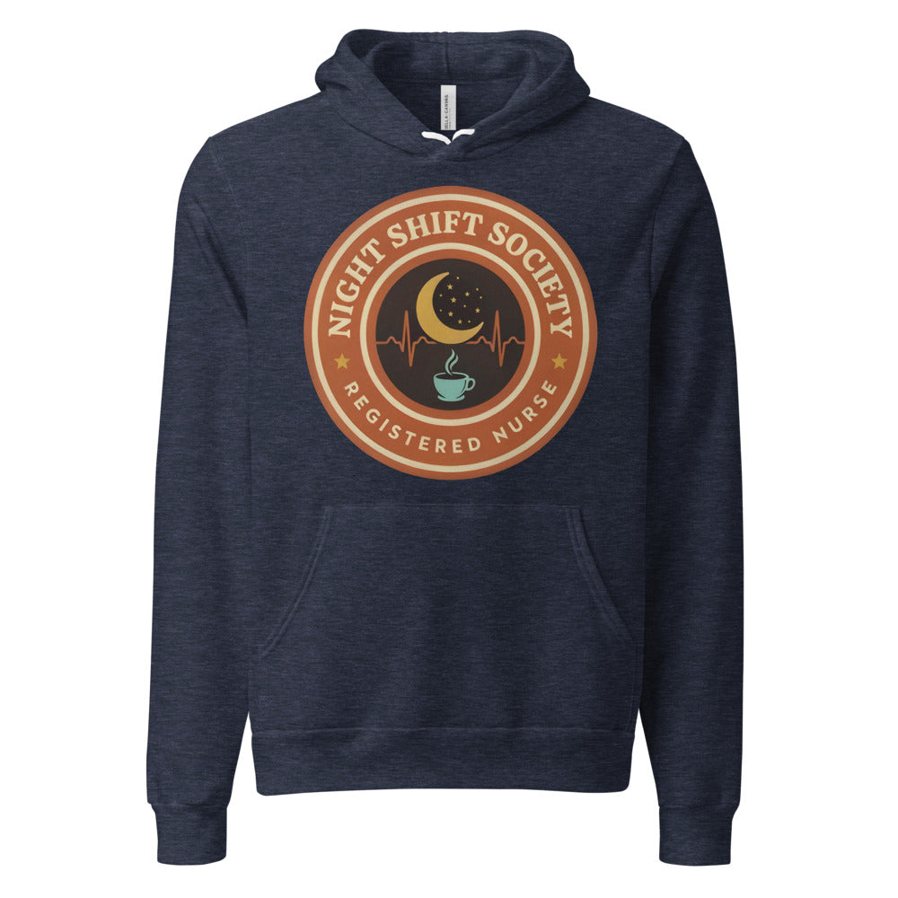 Night Shift Society retro registered nurse badge hoodie — Heather Navy, front