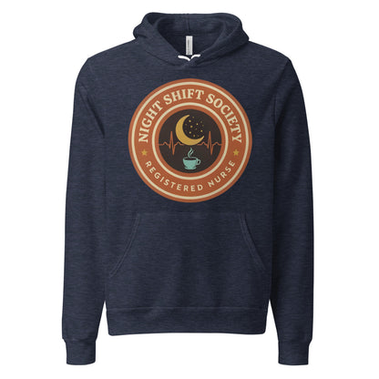 Night Shift Society retro registered nurse badge hoodie — Heather Navy, front