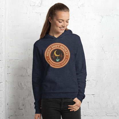 Night Shift Society retro registered nurse badge hoodie — Heather Navy, on model