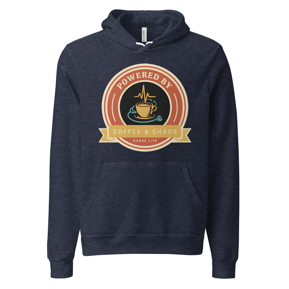 Powered by Coffee & Chaos retro nurse badge hoodie — Heather Navy, front