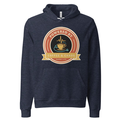 Powered by Coffee & Chaos retro nurse badge hoodie — Heather Navy, front