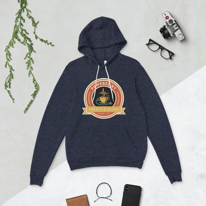 Powered by Coffee & Chaos retro nurse badge hoodie — Heather Navy, flat lay