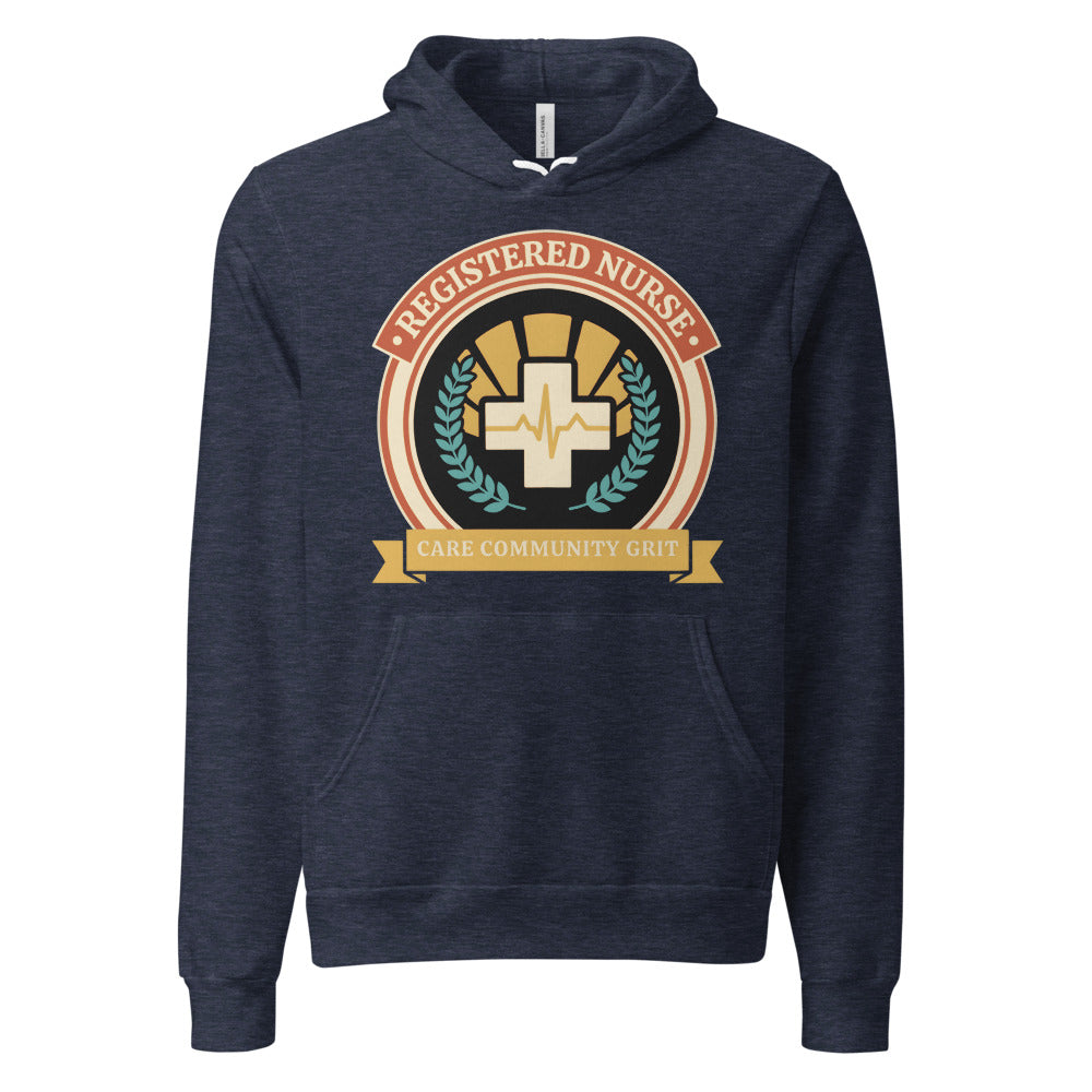 Registered Nurse vintage healthcare emblem badge hoodie — Heather Navy, front