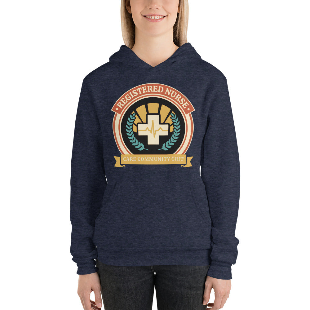 Registered Nurse vintage healthcare emblem badge hoodie — Heather Navy, on model