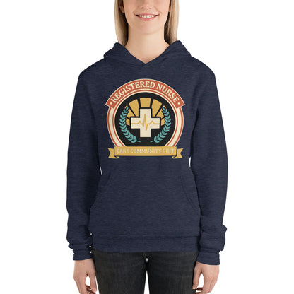 Registered Nurse vintage healthcare emblem badge hoodie — Heather Navy, on model