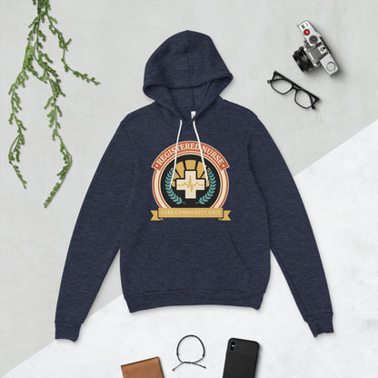 Registered Nurse vintage healthcare emblem badge hoodie — Heather Navy, flat lay