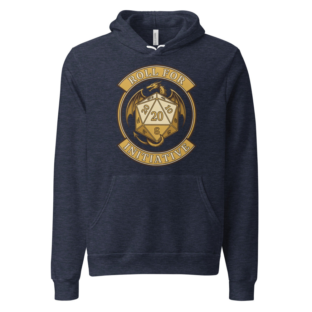 Roll For Initiative d20 dragon tabletop RPG hoodie — Heather Navy, front