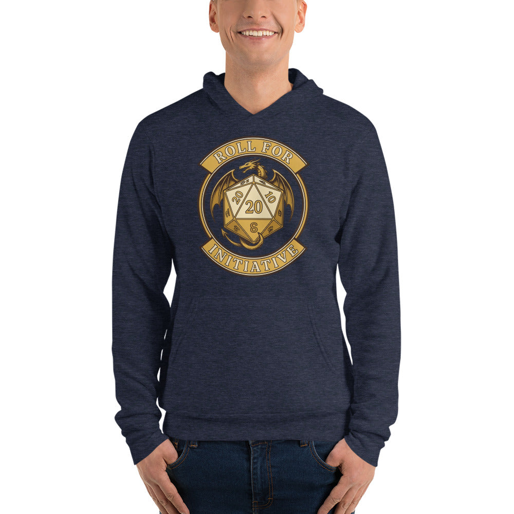 Roll For Initiative d20 dragon tabletop RPG hoodie — Heather Navy, on model