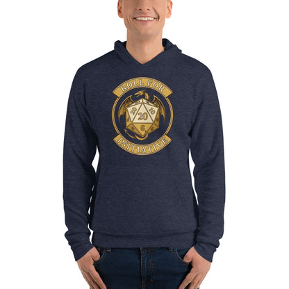 Roll For Initiative d20 dragon tabletop RPG hoodie — Heather Navy, on model