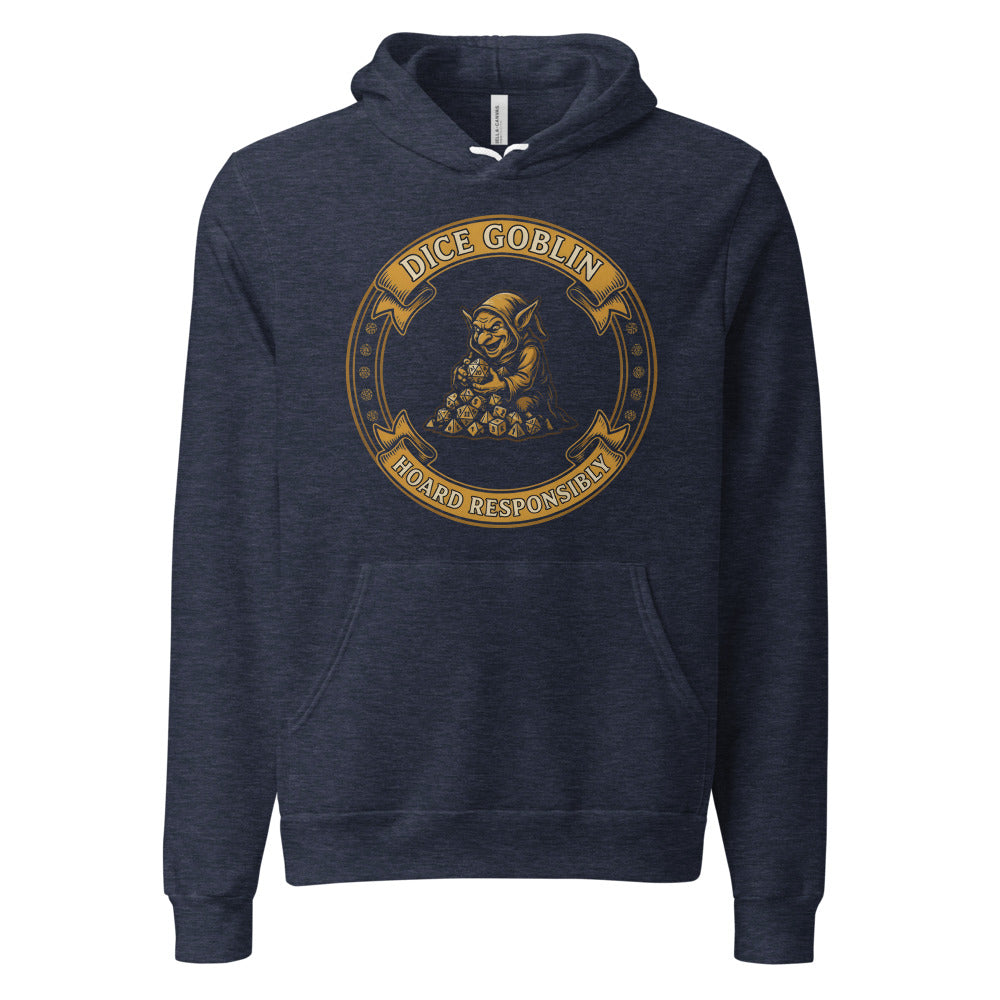 Dice Goblin Hoard Responsibly tabletop RPG hoodie — Heather Navy, front