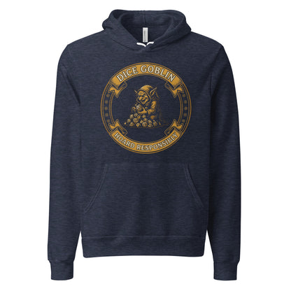 Dice Goblin Hoard Responsibly tabletop RPG hoodie — Heather Navy, front