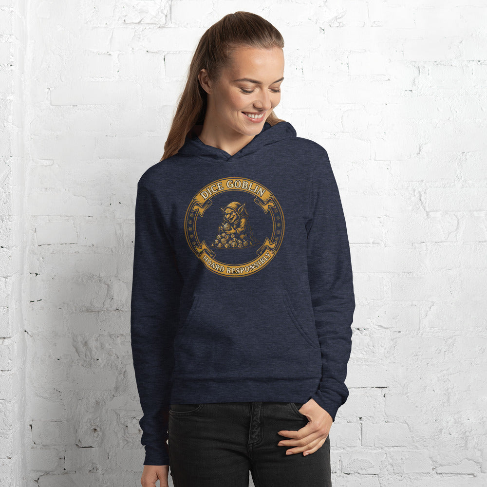 Dice Goblin Hoard Responsibly tabletop RPG hoodie — Heather Navy, on model