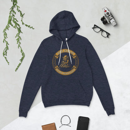 Dice Goblin Hoard Responsibly tabletop RPG hoodie — Heather Navy, flat lay