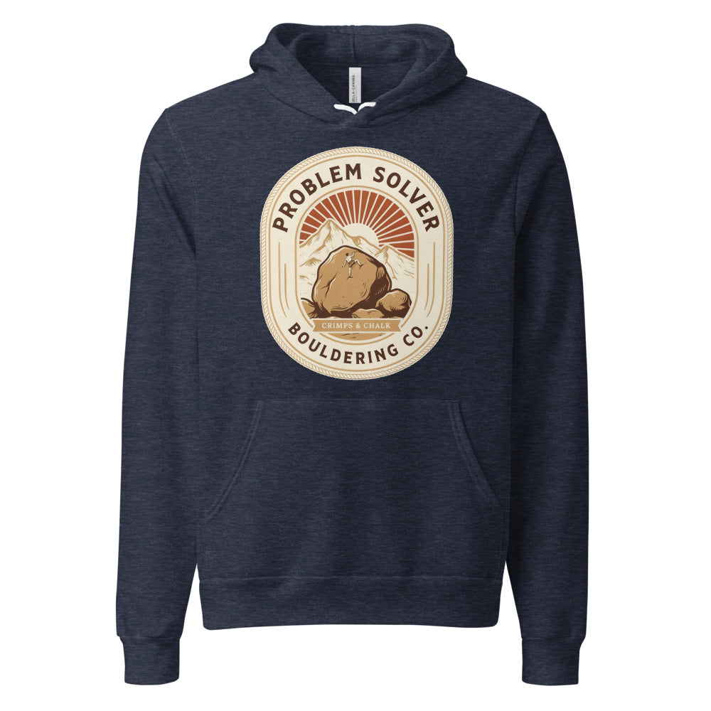 Problem Solver Bouldering Badge hoodie — Heather Navy, front