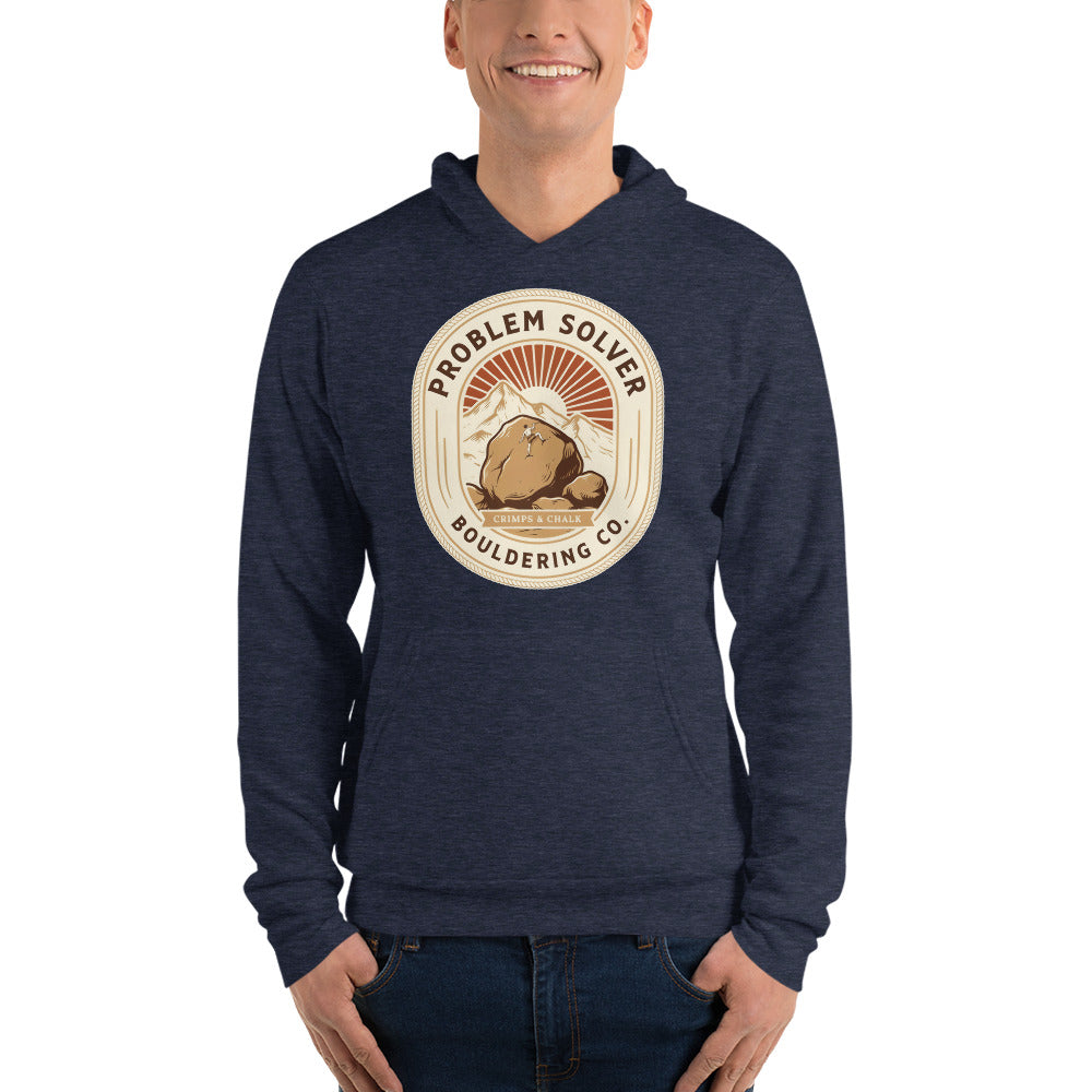 Problem Solver Bouldering Badge hoodie — Heather Navy, on model