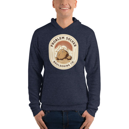 Problem Solver Bouldering Badge hoodie — Heather Navy, on model