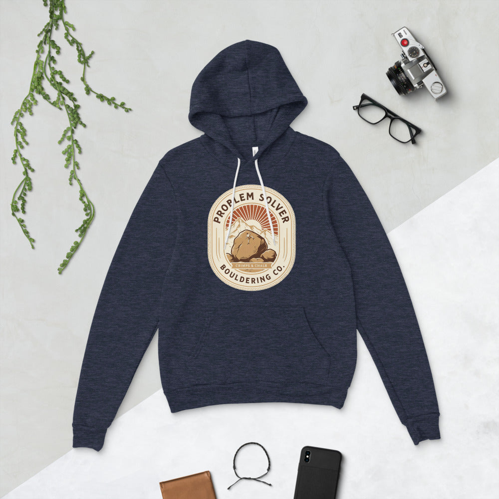 Problem Solver Bouldering Badge hoodie — Heather Navy, flat lay