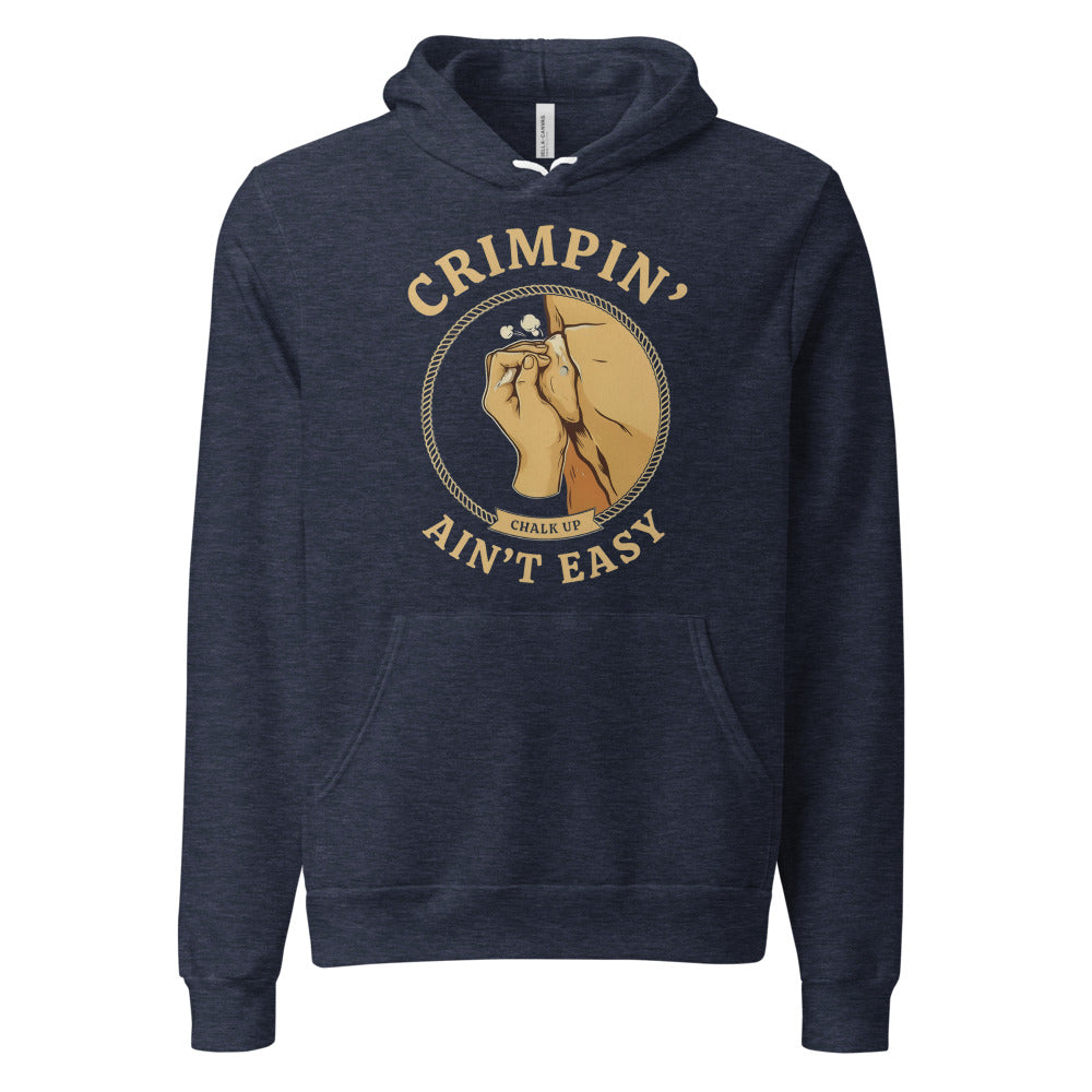 Crimpin' Ain't Easy bouldering badge hoodie — Heather Navy, front