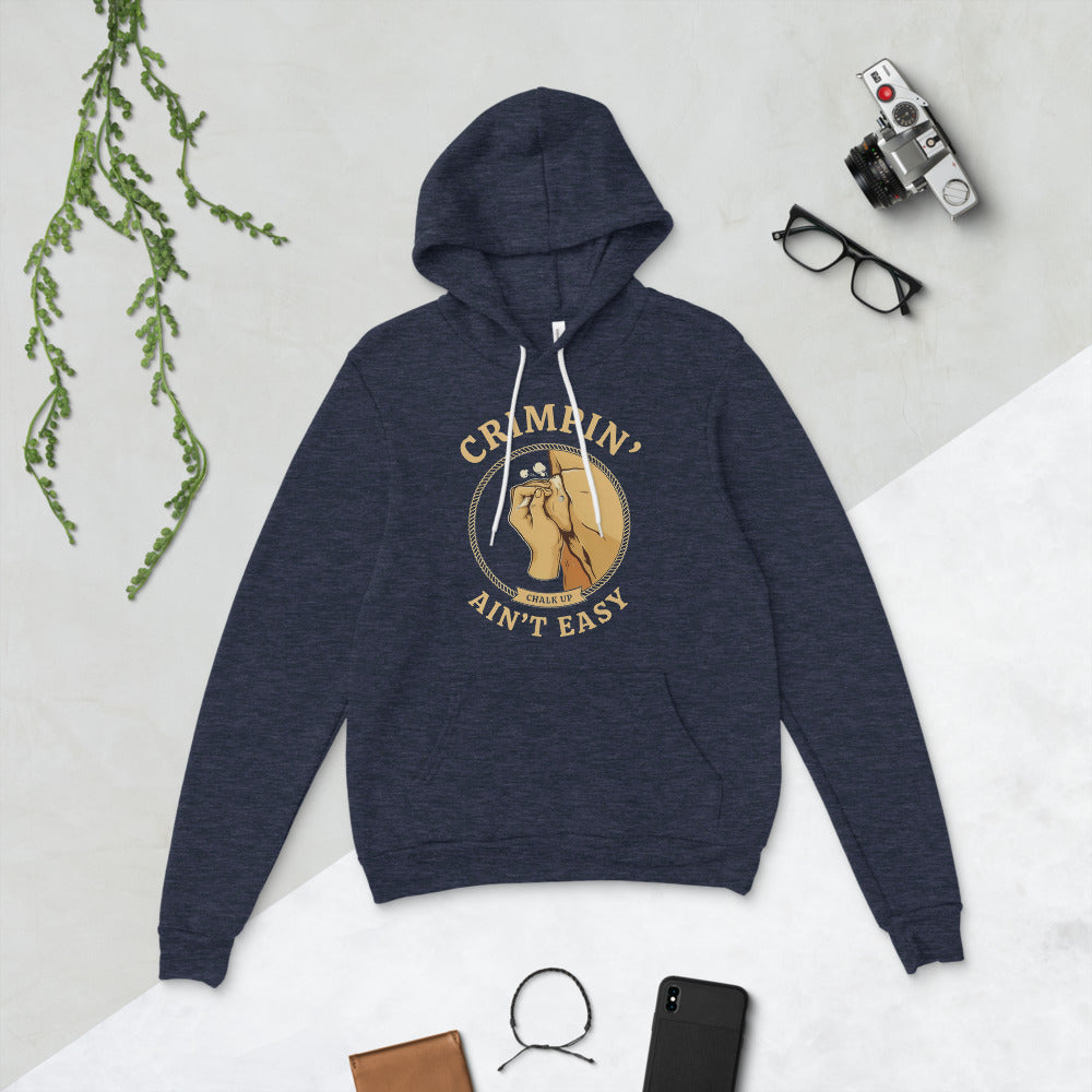 Crimpin' Ain't Easy bouldering badge hoodie — Heather Navy, flat lay