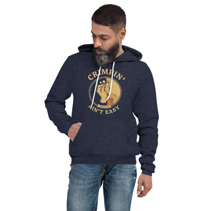 Crimpin' Ain't Easy bouldering badge hoodie — Heather Navy, on model