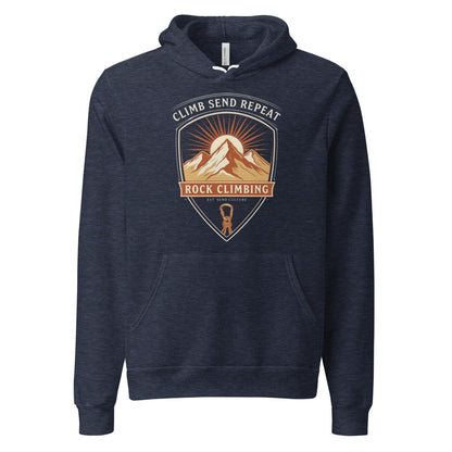 Climb Send Repeat mountaineering crest hoodie — Heather Navy, front