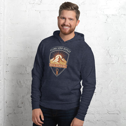 Climb Send Repeat mountaineering crest hoodie — Heather Navy, on model