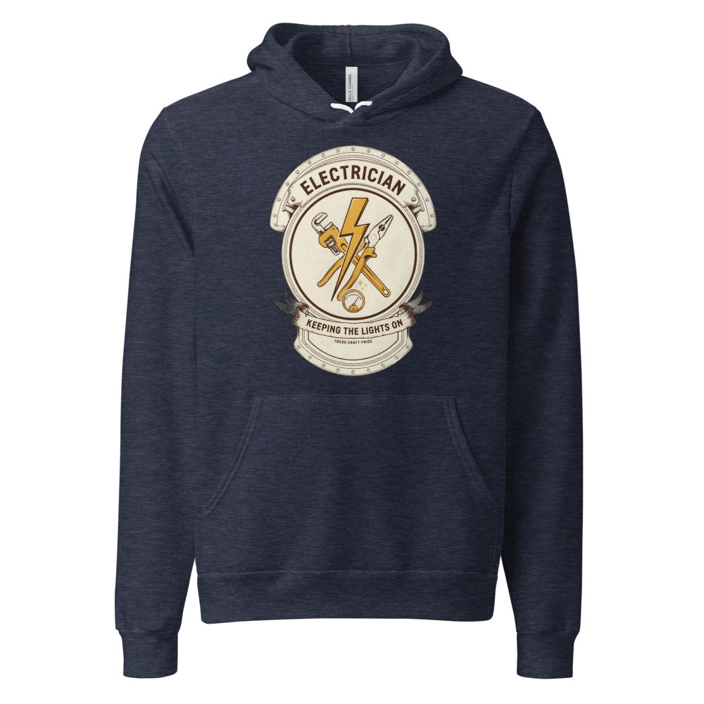Electrician Journeyman trade crest hoodie — Heather Navy, front