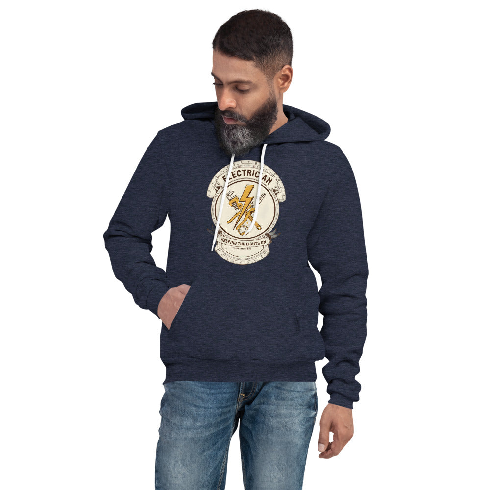 Electrician Journeyman trade crest hoodie — Heather Navy, on model