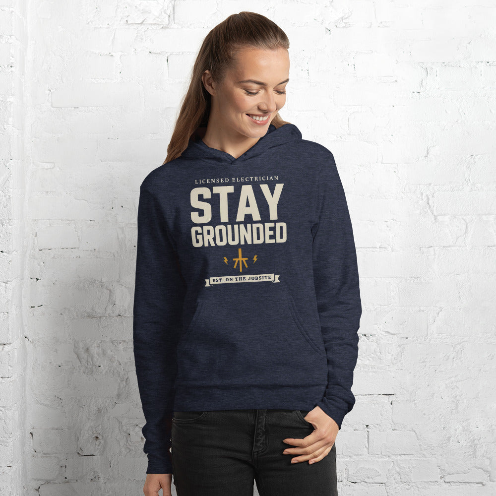 Stay Grounded funny electrician hoodie — Heather Navy, on model