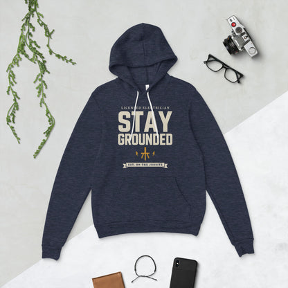 Stay Grounded funny electrician hoodie — Heather Navy, flat lay