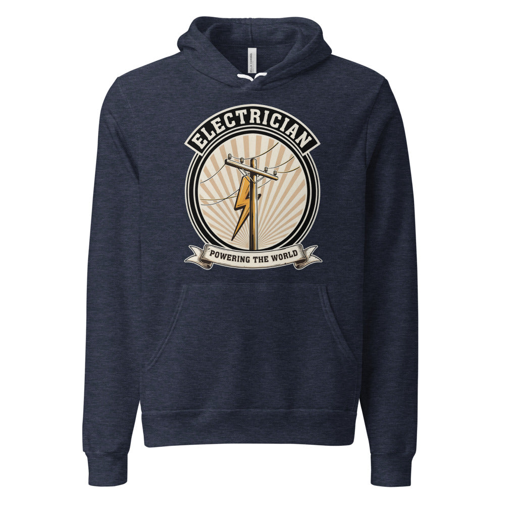 Powering The World electrician emblem hoodie — Heather Navy, front