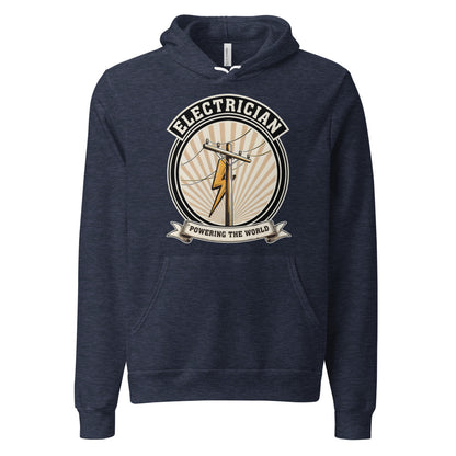 Powering The World electrician emblem hoodie — Heather Navy, front