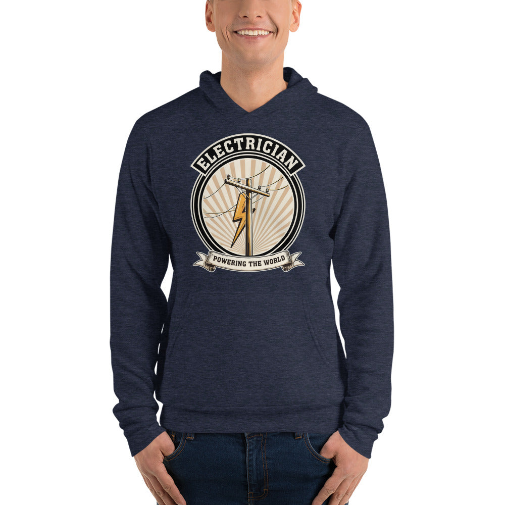 Powering The World electrician emblem hoodie — Heather Navy, on model