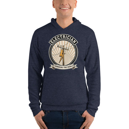 Powering The World electrician emblem hoodie — Heather Navy, on model