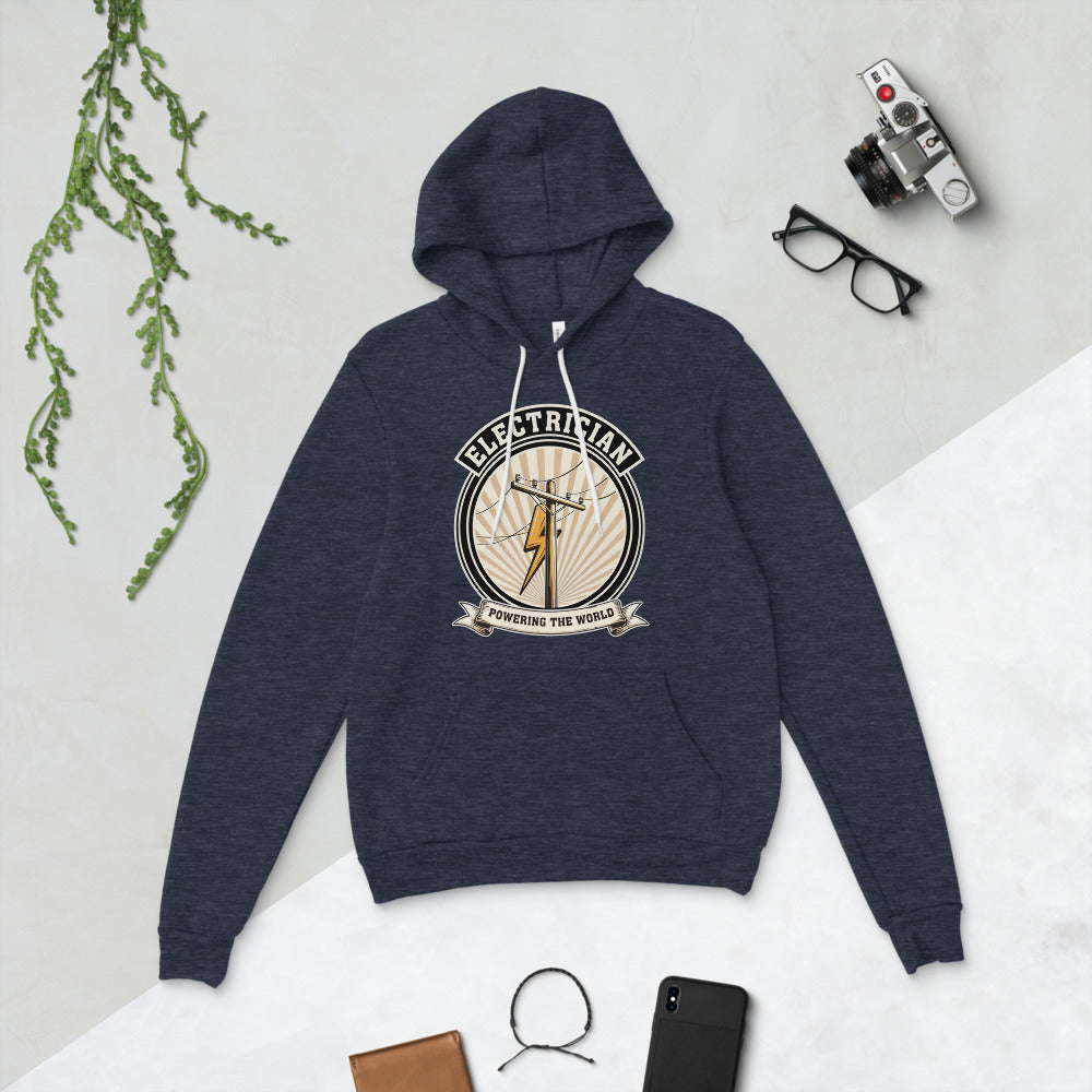 Powering The World electrician emblem hoodie — Heather Navy, flat lay