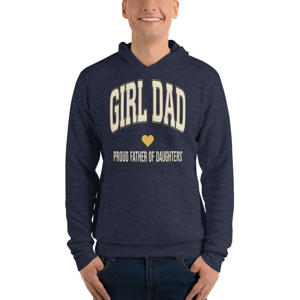 Girl Dad retro varsity hoodie — Heather Navy, on model