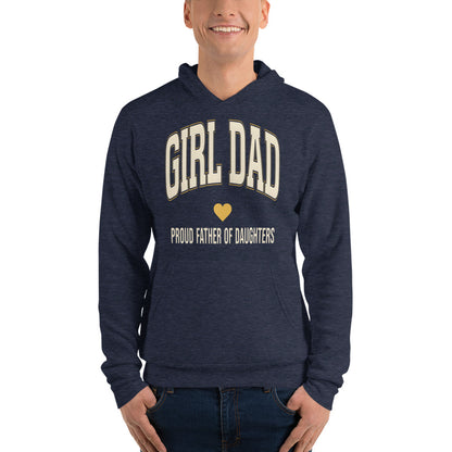 Girl Dad retro varsity hoodie — Heather Navy, on model